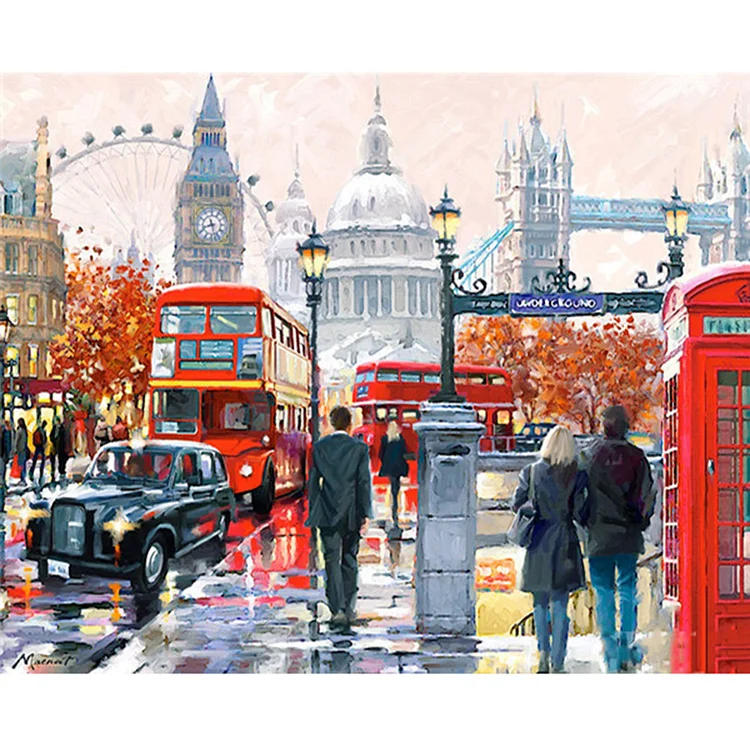 Street Oil Painting In London, England - Printed Cross Stitch 11CT 50*40CM