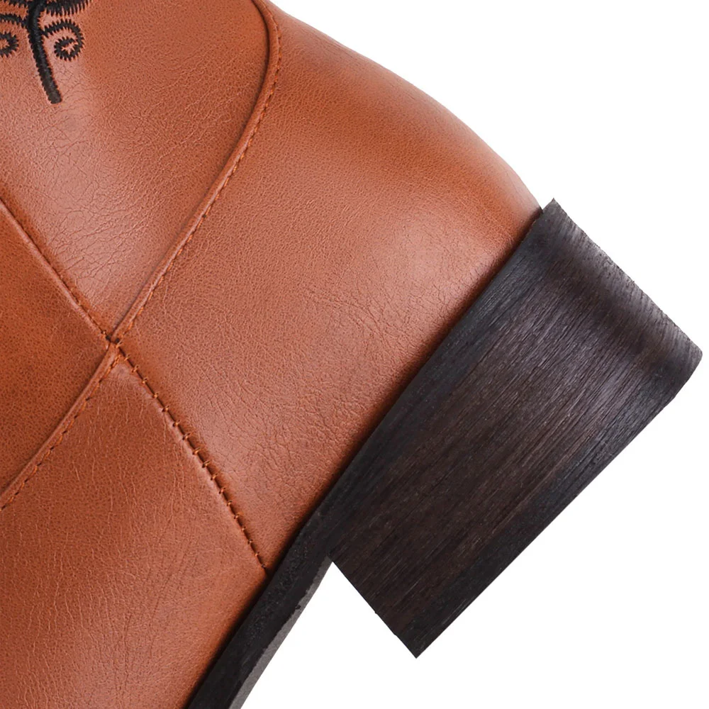 Brown Square Toe Chunky Heel Butterfly Embroidered Cowgirl Boots