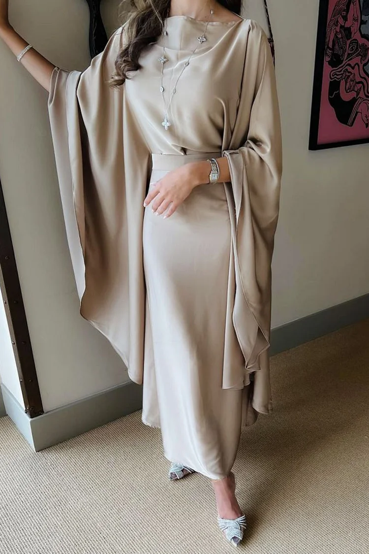 Batwing Sleeve Boat Neck Solid Color Elegant Party Maxi Dresses