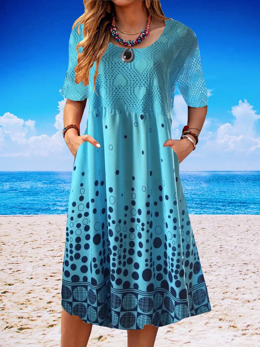 Women Casual Short Sleeve Scoop Neck Polka Dot Lace Midi Dress