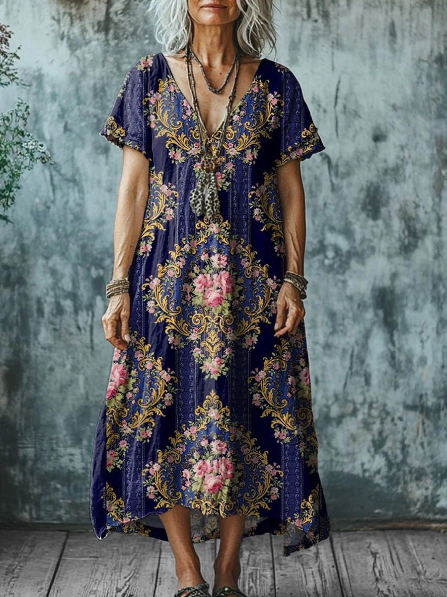 Women's  Vintage Symmetry Art Print Pocket Cotton Dress