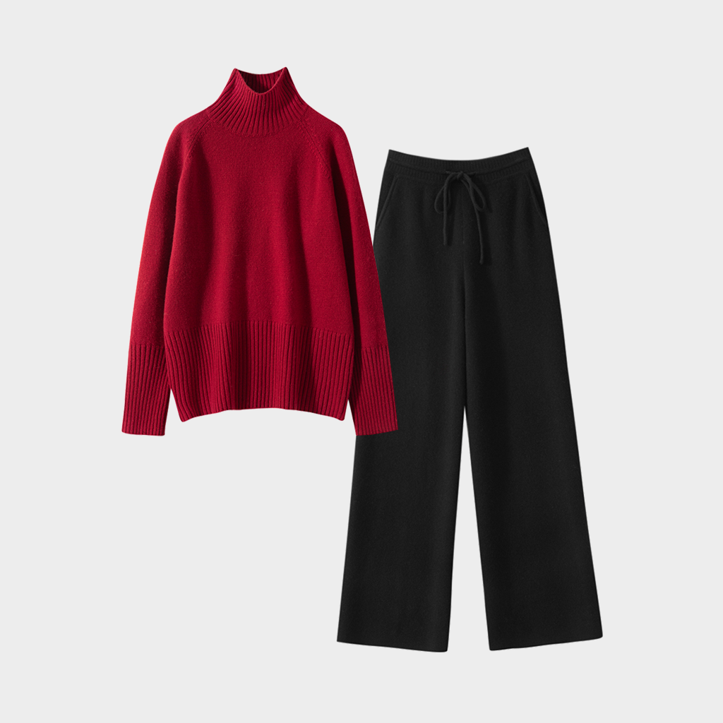 Women's Cashmere Turtleneck Sweater and Wide-Leg Stretch Pants Set | Casual Outfit REAL SILK LIFE