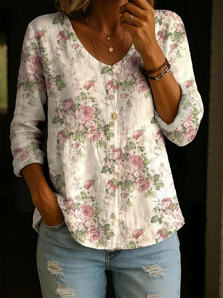 Women's Vintage Flower Pattern Art Print Casual Cotton Shirt