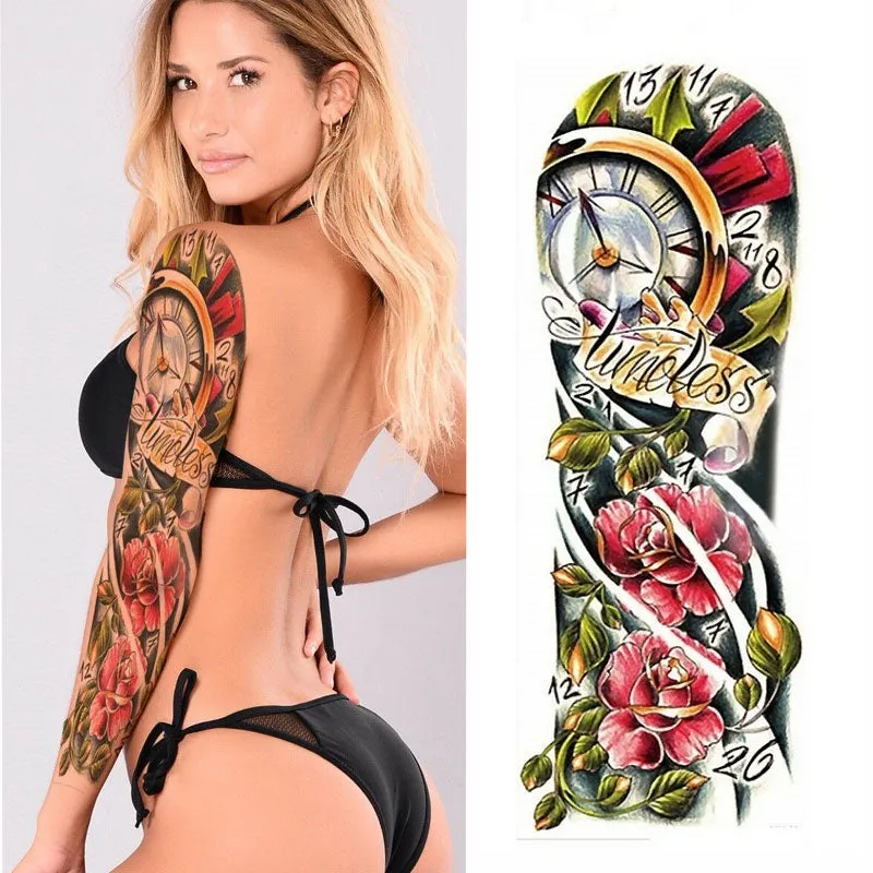 Full Flower Arm Temporary Tattoo Sticker Rose Clock Body Art Water Transfer Fake Tatoo Sleeve For Men Women