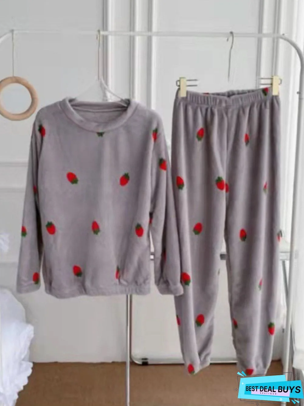 Strawberry Print Long Sleeve Pants Casual Loungewear Two Piece Plus Size