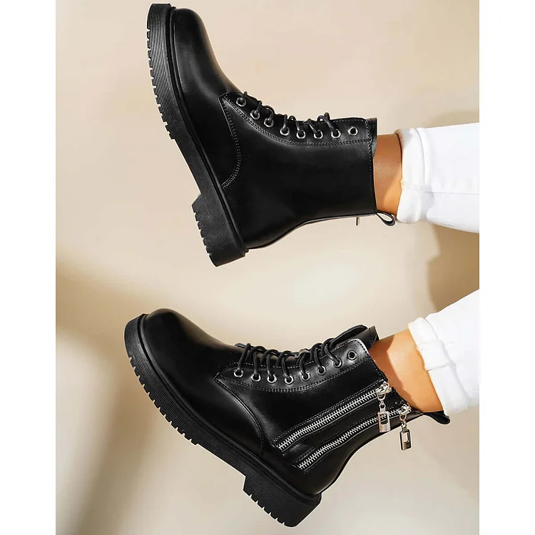 Black Block Low Heel Ankle Combat Boots Military Booties