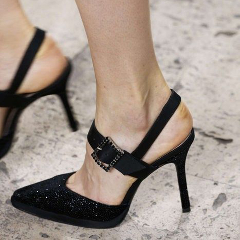 GOOSHOE Black Slingback Glitter Pumps with Pointed Buckle Shoes Wedding Stiletto Heels