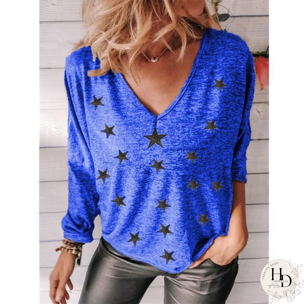 V Neck Star Printed Long Sleeve Top