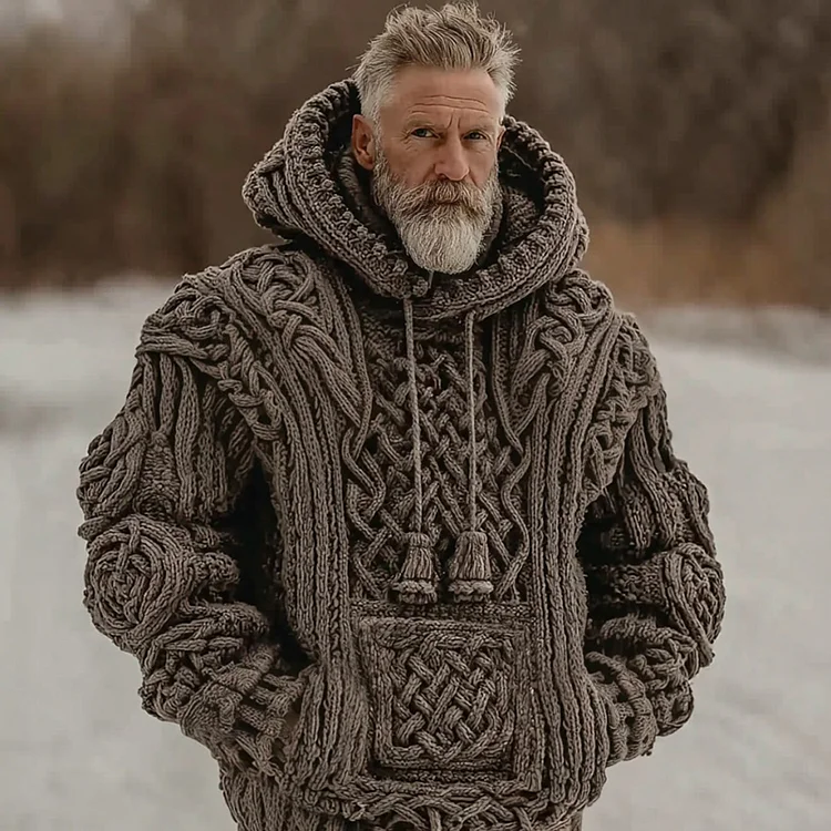 Men's Retro Celtic Knot Hooded Knit Sweater
