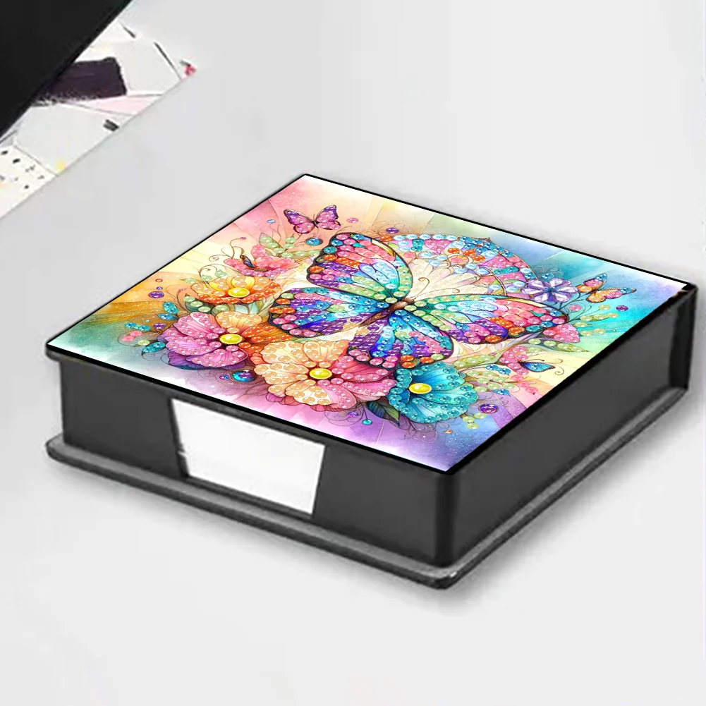 DIY Flower Butterfly Leather Diamond Art Note Box with 160 Sheets of Paper for Beginners