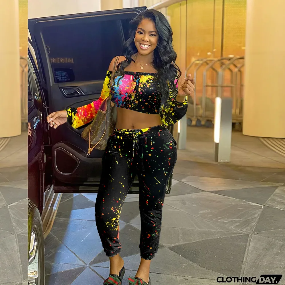 Casual Printed Off Shoulder Long Sleeve 2 Piece Suits