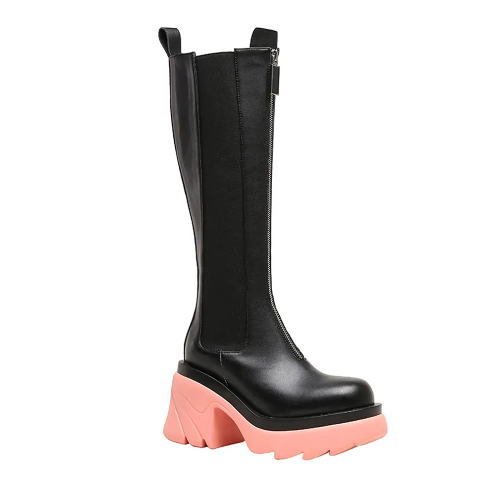 80mm Round Toe Thick-soled Front Zipper Boots-vocosishoes