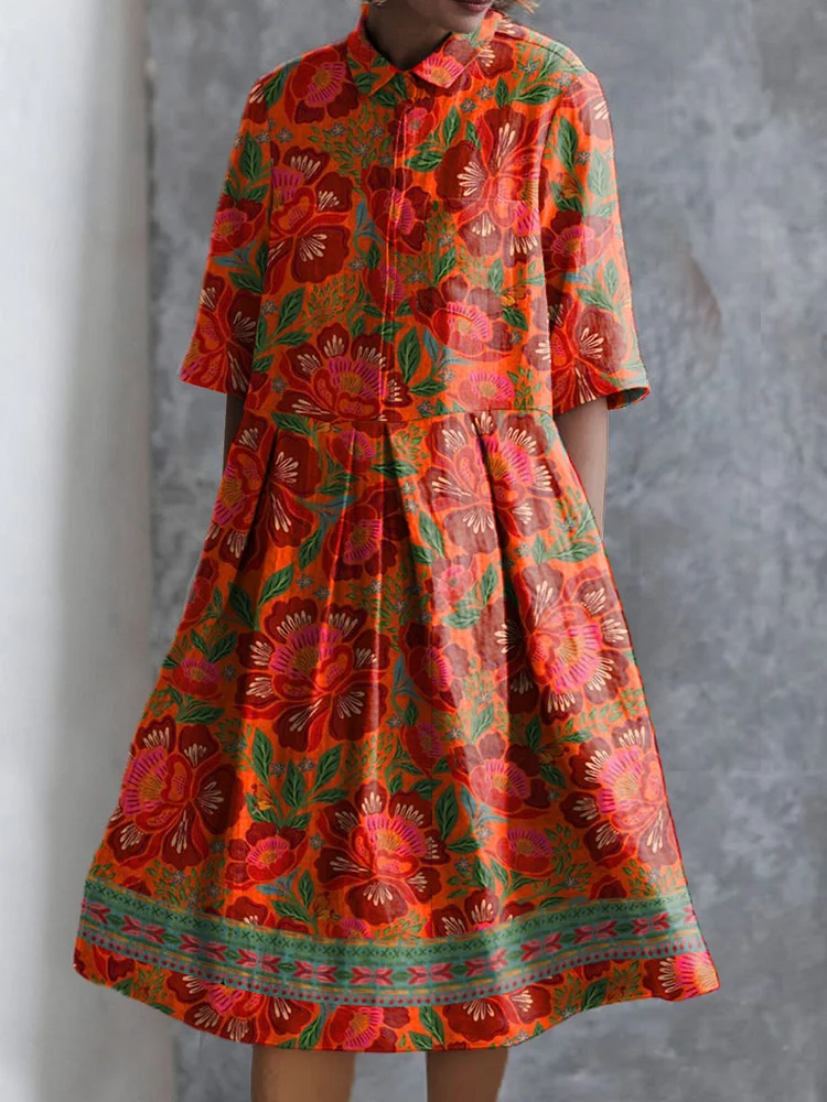 Ethnic Style Summer Floral Pattern Printed Women's Pocket Cotton Dress