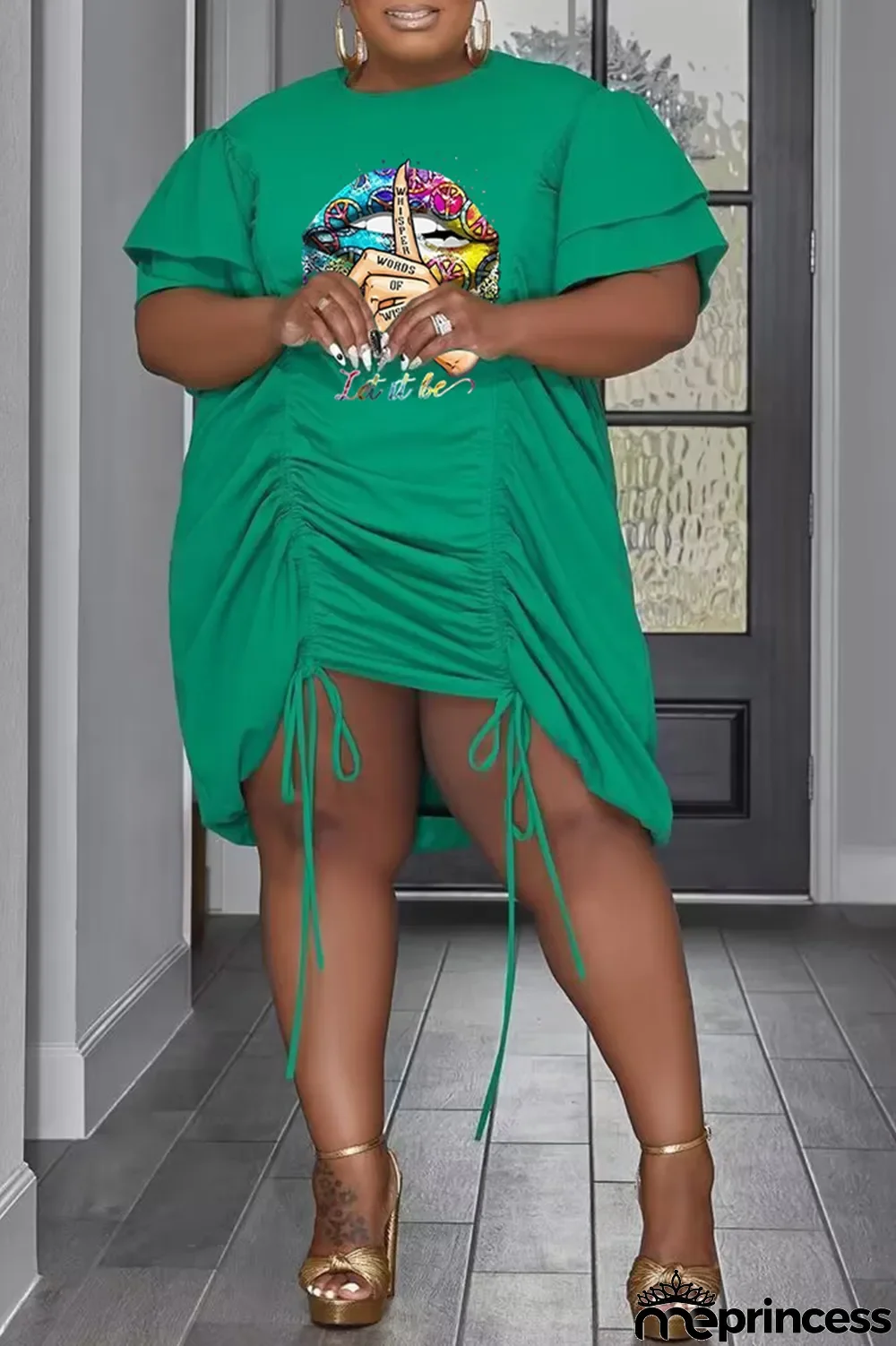 Green Casual Lips Printed Draw String O Neck Straight Plus Size Dresses