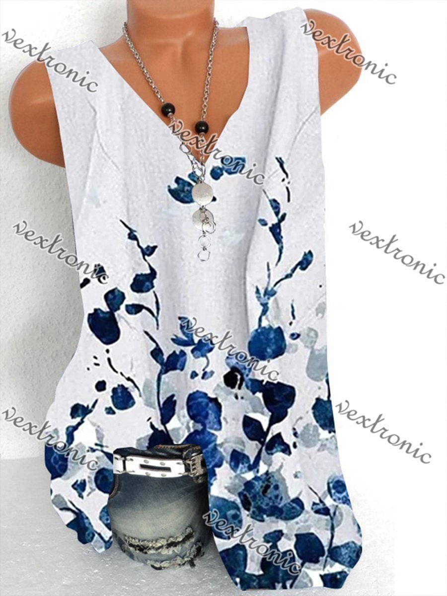 Women V-neck Sleeveless Stitching Printed Vest Top