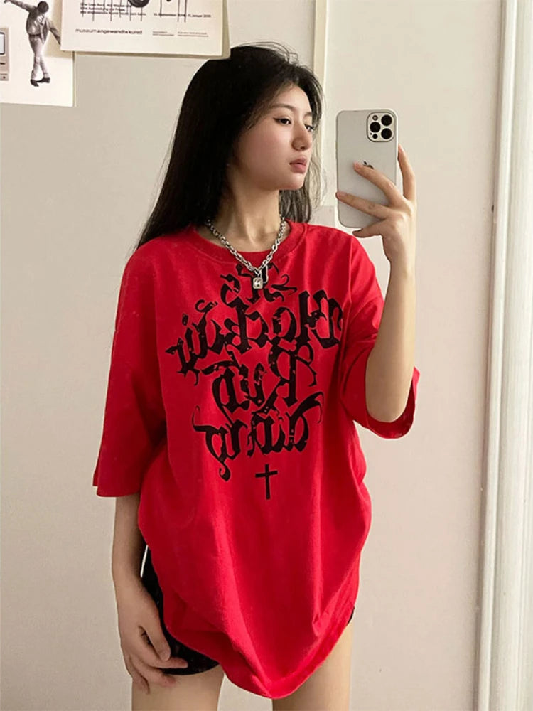 OLCooL Red Harajuku Short Sleeve T-shirt Women Vintage Oversized Streetwear 90s Y2k Tees Loose Casual Top Kpop Hippie Clothes olcool