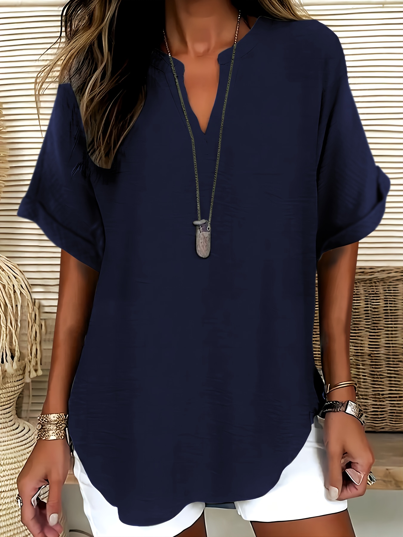 Loose Solid Color V-Neck Short Sleeve Women's Shirt | Drop Shoulder | IFYHOME