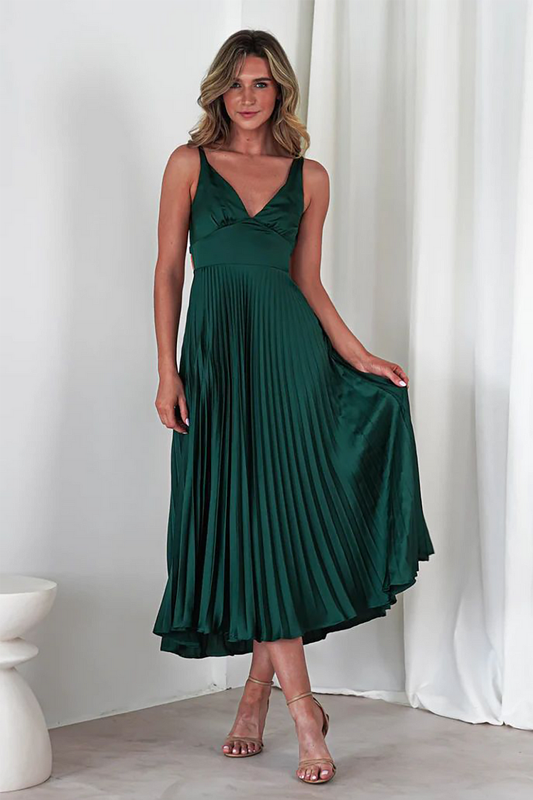 V Neck Cinch Waist Pleated Solid Color Backless Slip Midi Dresses-Green