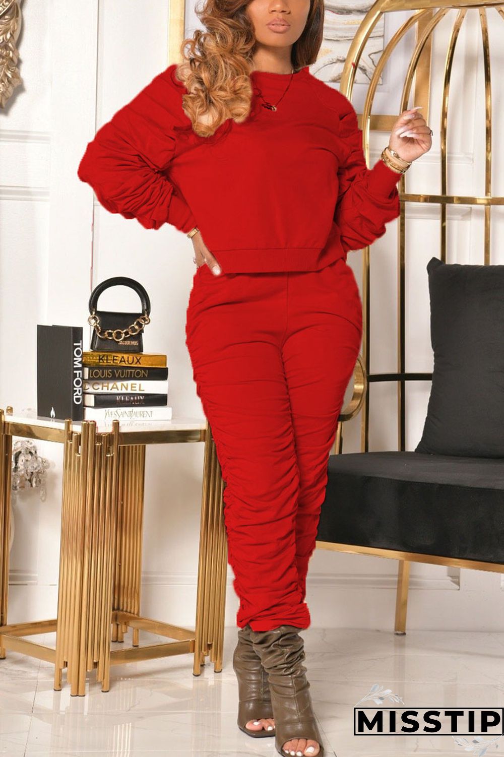 Green Casual Solid Fold O Neck Long Sleeve Two Pieces