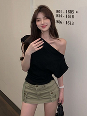 Ejiekang Y2k Aesthetic Irregular 2025 Summer Skew Collar T-shirts Off Shoulder Casual Slim Crop Tops Woemn Elegant Sexy Short Sleeve Tees