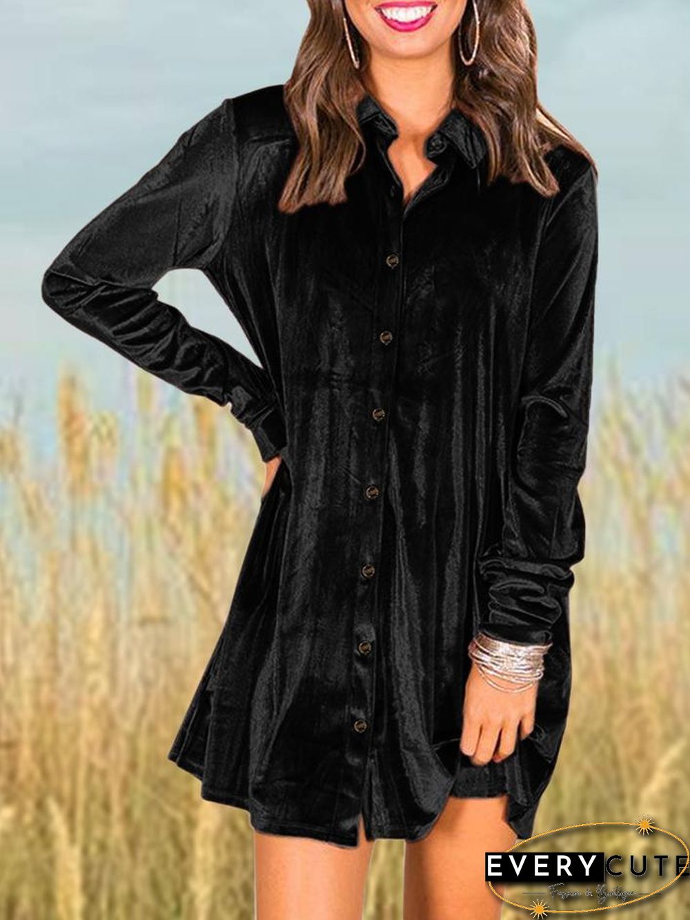 Leisure Style Velvet Short Shirt Dress