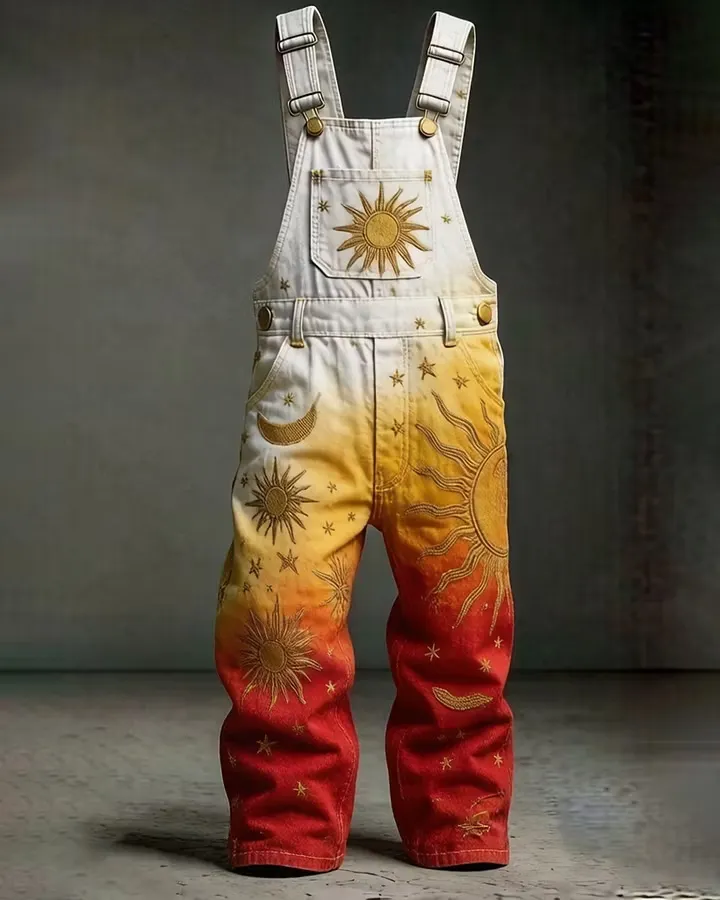 Men's Summer Star and Moon Embroidered Gradient Overalls 5618