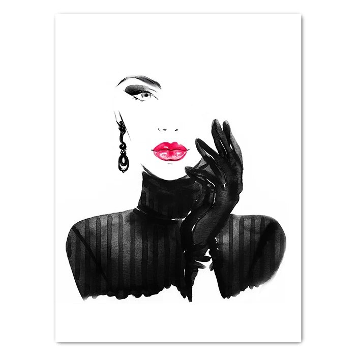 Black White Fashion Woman Wall Art Canvas Painting with Frame Flowers Bird Girl Poster Prints Modern Abstract Figure Picture