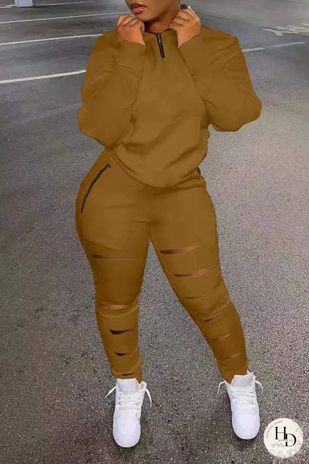 Black Casual Sportswear Solid Hollowed Out Patchwork Zipper Collar Long Sleeve Two Pieces