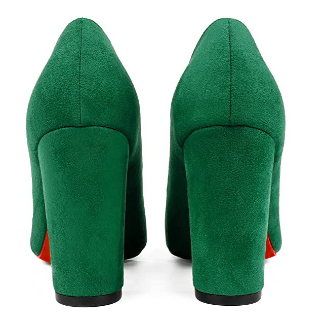 3.5" Women's Chunky Heels Red Bottom Shoes Comfortable Middle Block Heel Suede Pumps-MERUMOTE