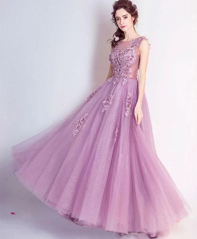 Stylish Round Neck Tulle Long Prom Dress, Lace Evening Dress