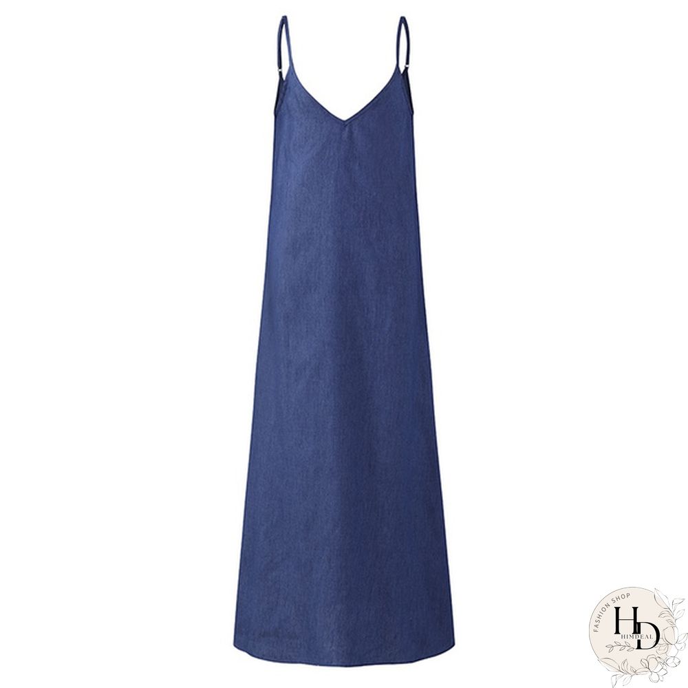 S-5XL Women Sexy Sleeveless Spaghetti Straps Denim Color Maxi Dress Summer Holiday Beach Sundress