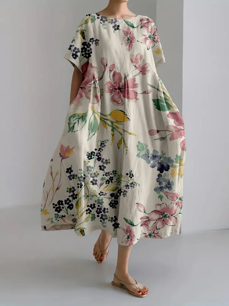 Casual Floral Print Round Neck Short Sleeve Midi Dress