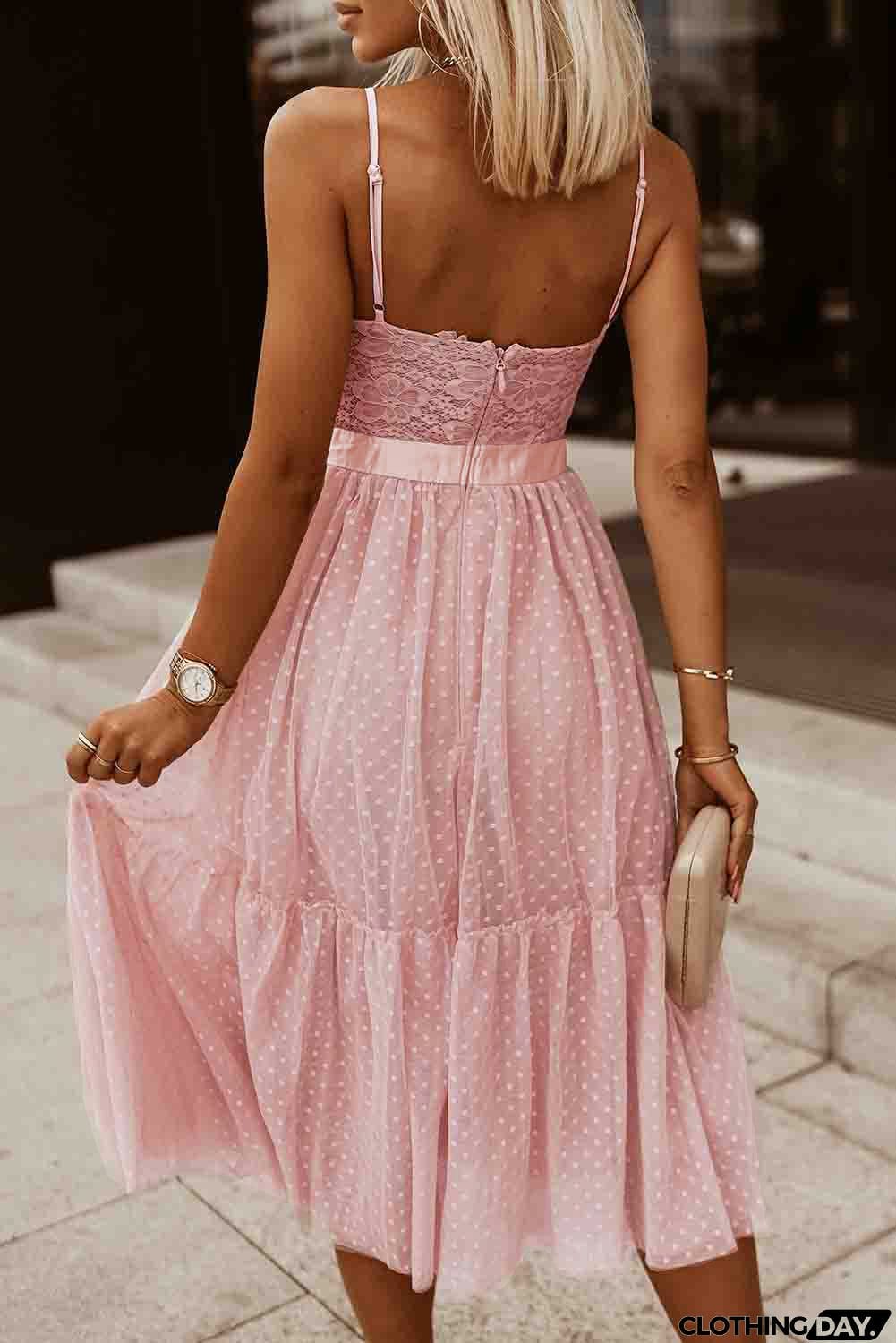 Lace Crochet Polka Dot Patchwork Pleated Cami Dress