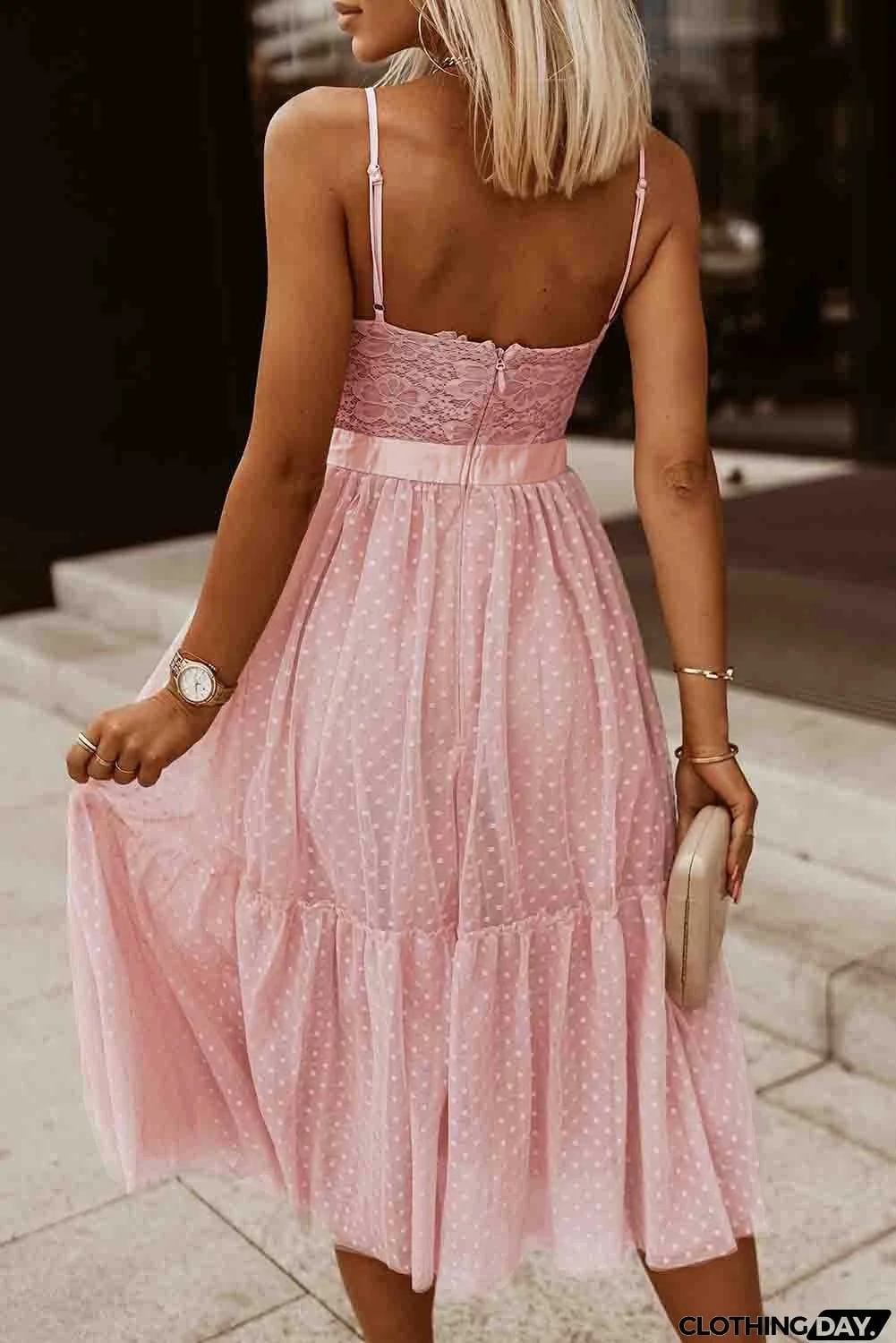 Lace Crochet Polka Dot Patchwork Pleated Cami Dress