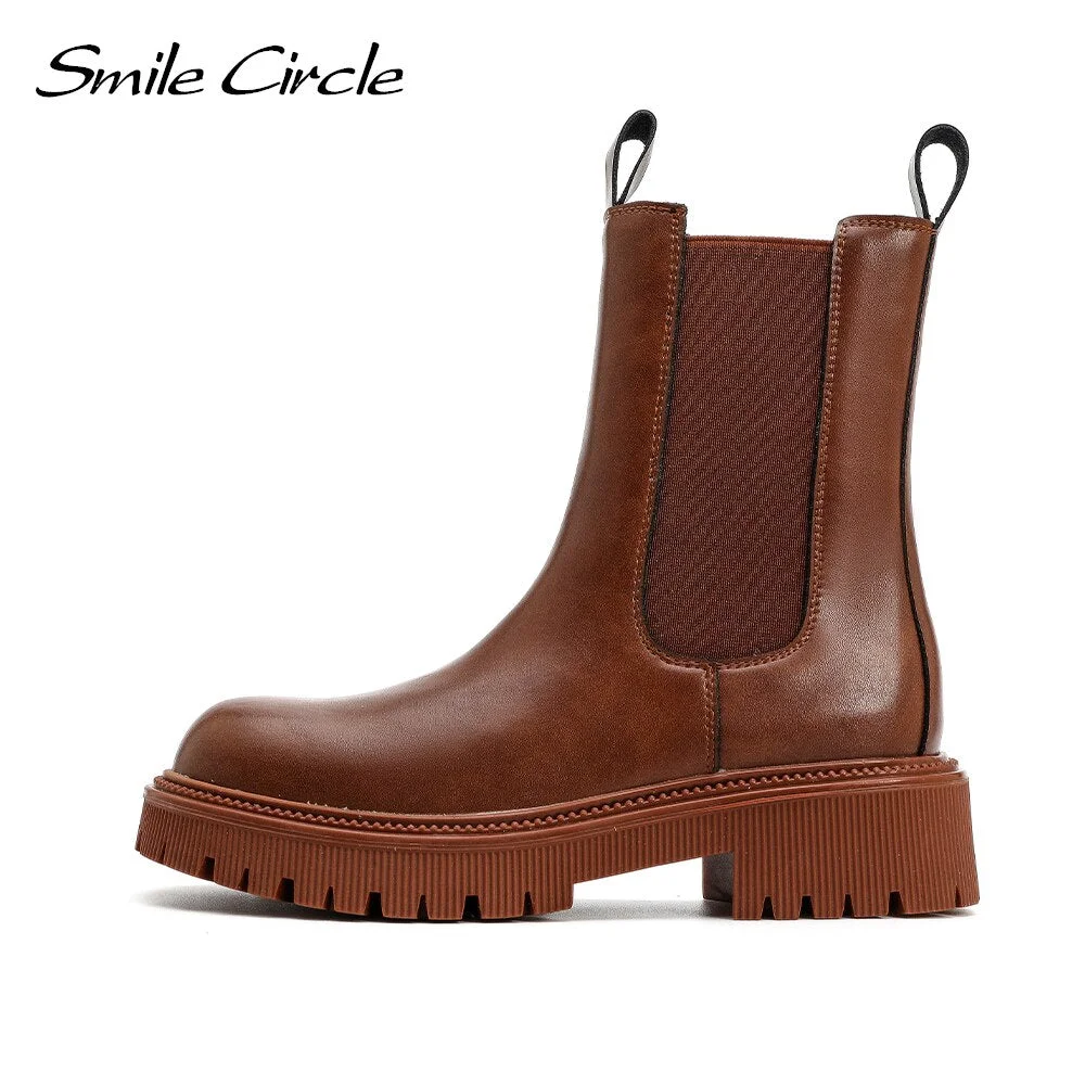 Smile Circle Cow Leather Ankle Boots women Chelsea Boots Casual Fashion Comfortable platform Short Boots Ladies Shoes 2021