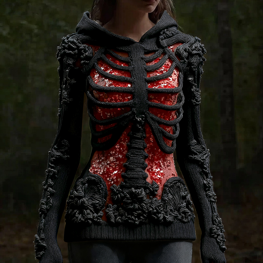 Halloween Skull Floral Knitted Warm Hooded Sweater