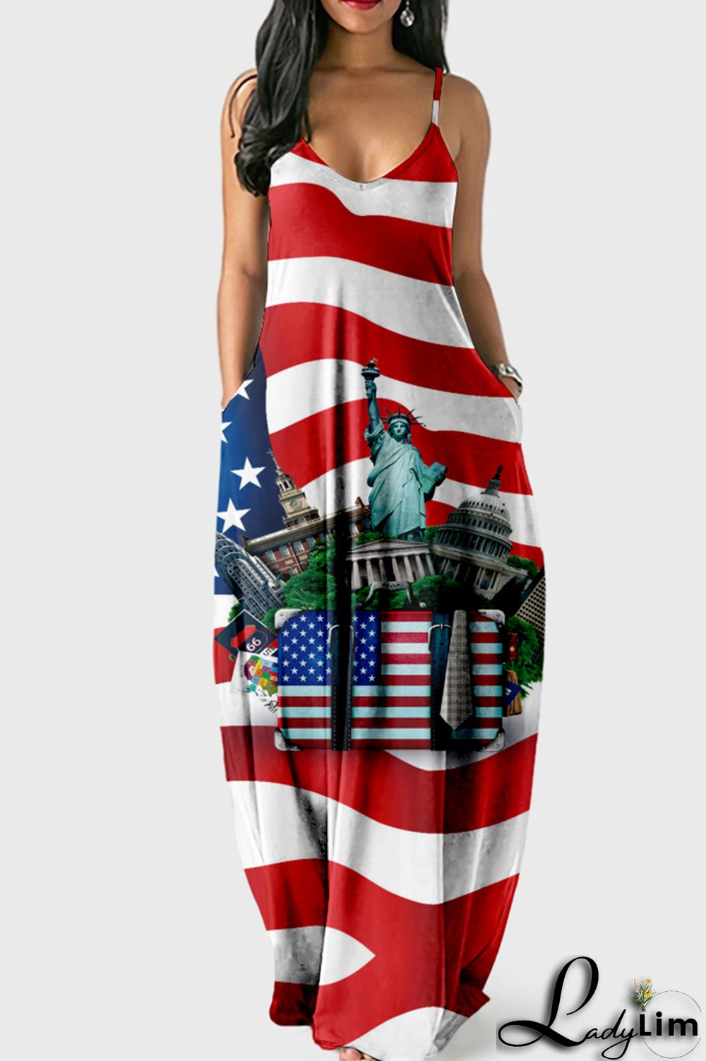 White Blue Fashion Sexy Print Backless Spaghetti Strap Long Dress