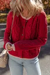 Women's Warm Red Round Neck Cable Knit Buttoned Cardigan Coat 