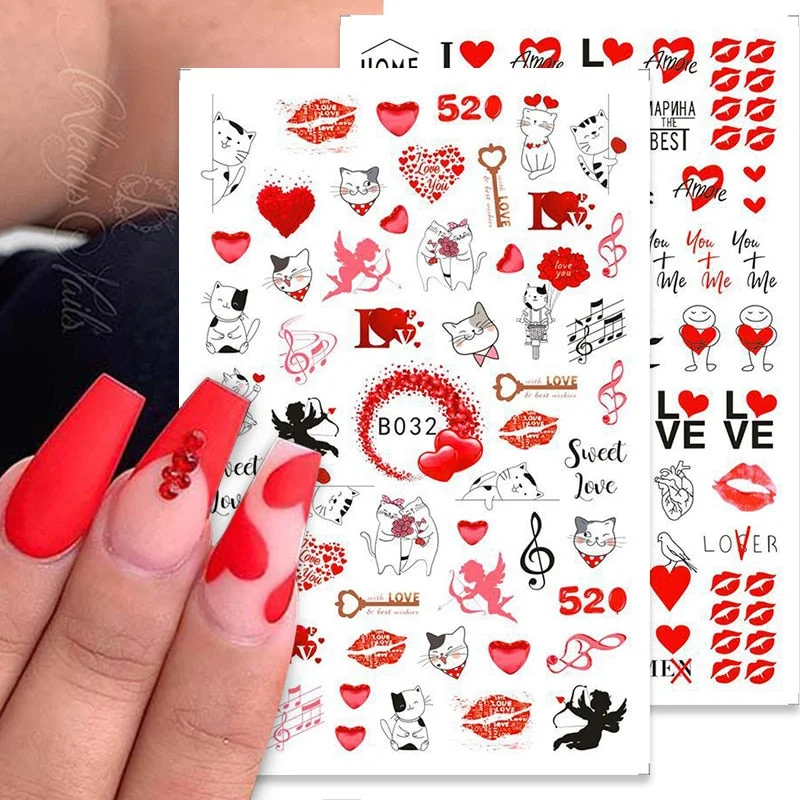 1PC 3D Nail Stickers Heart Love Self-Adhesive Slider Letters Nail Art Decorations Valentine's Day Decals Manicure Accessories-Nail Inspo