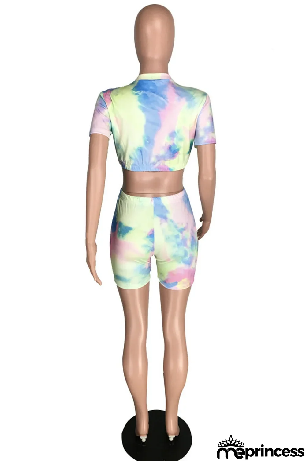 Multicolor Sexy Print Tie-dye O Neck Short Sleeve Two Pieces