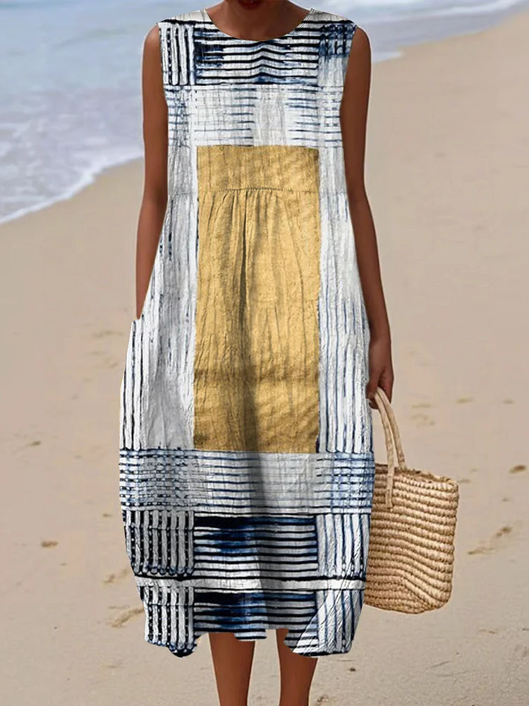 Women's Vintage Abstract Geometric Art Print Sleeveless Cotton Pocket Wrap Dress