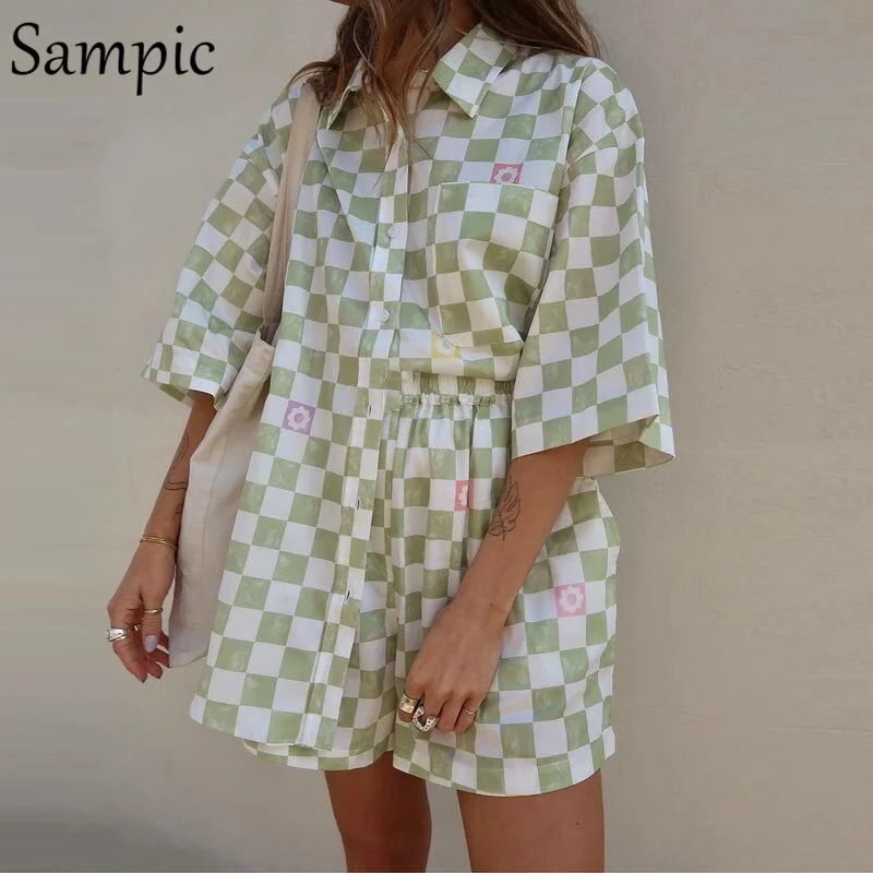 Sampic Tie Dye Print 2021 Lounge Wear Traksuit Women Summer Shorts Set Casual Plaid Shirt Tops And Mini Shorts Two Piece Set