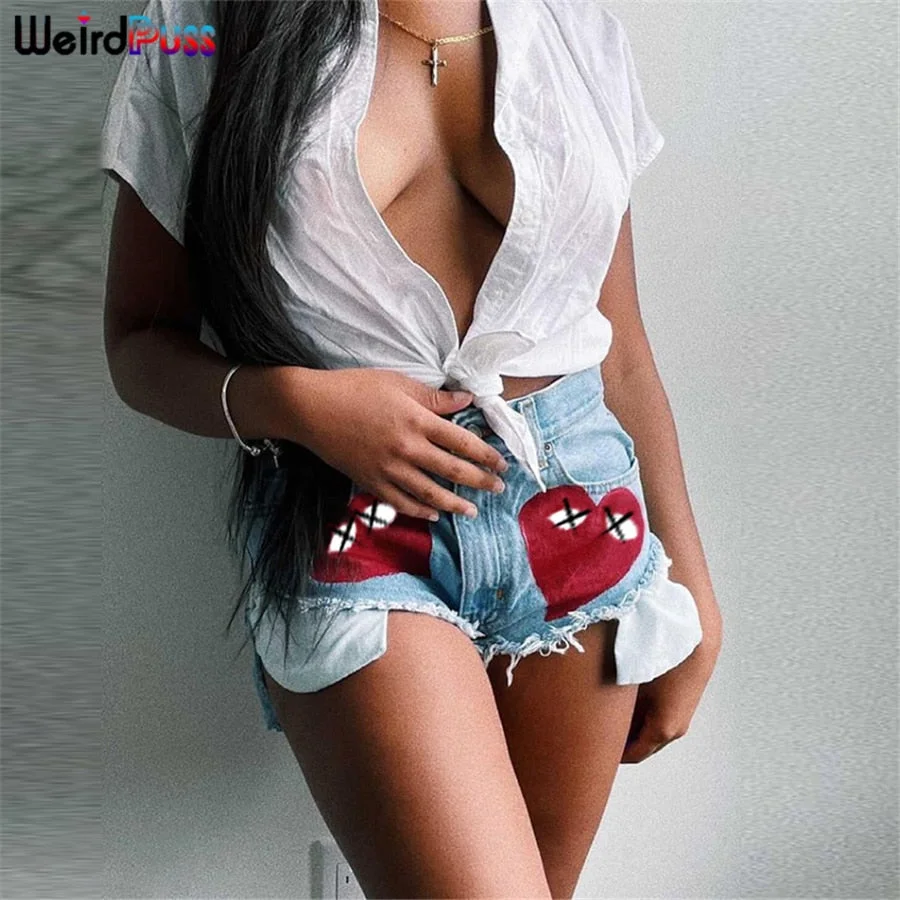 Weird Puss Sexy Heart Print Jean Shorts Women Casual Summer Fashion 2021 Streetwear Fur-Lined Leg-Openings Denim Booty Shorts