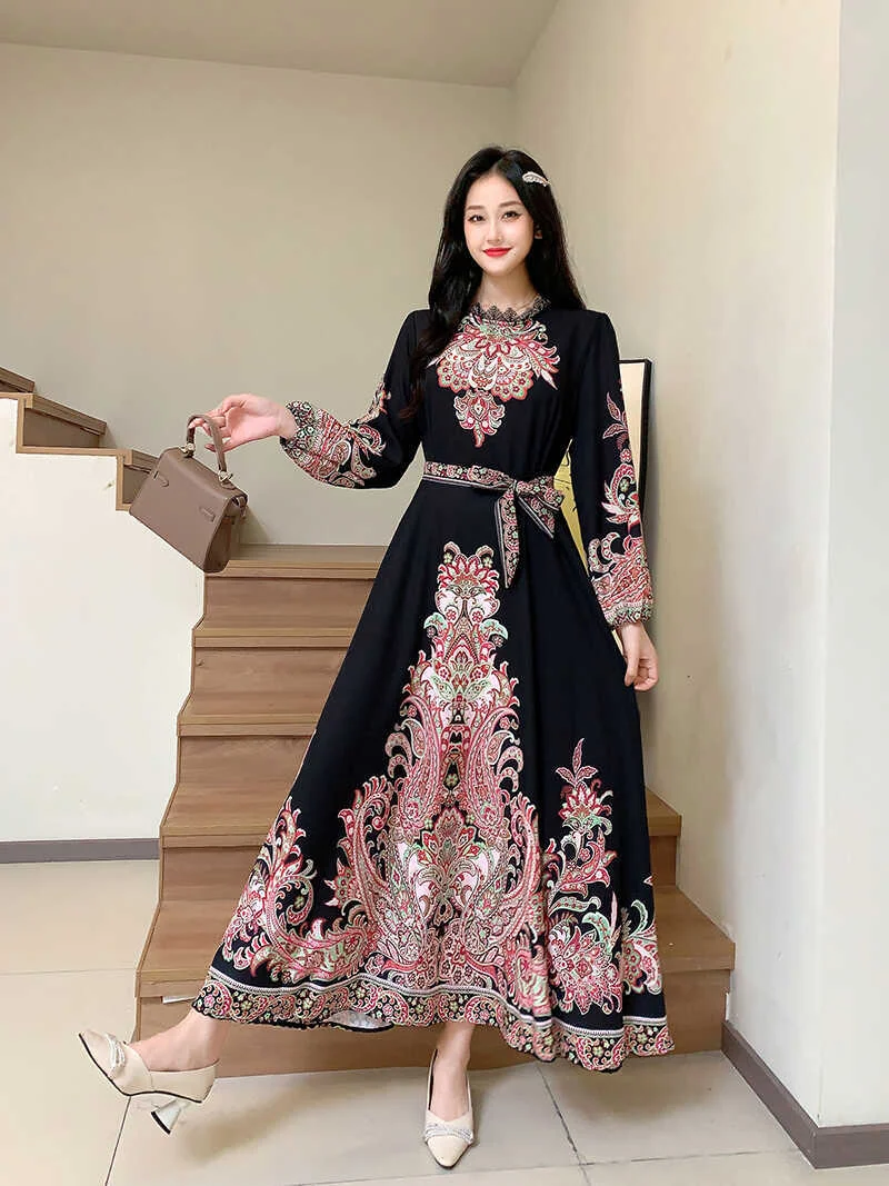 Ueong New Style Dress For Women's Holiday, Single-Breasted Collar, Single-Breasted Court Style, Vintage Printed Wide Swinging Long Dress