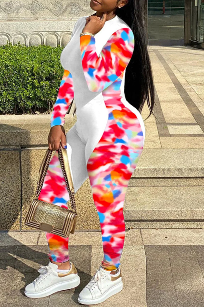 Fashion Casual Print Split Joint O Neck Regular Jumpsuits