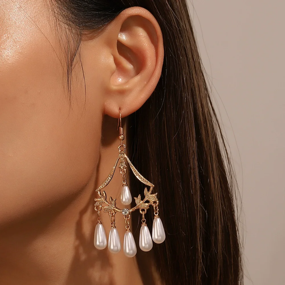 Palace Style Pearl Long Gold Plated Earrings