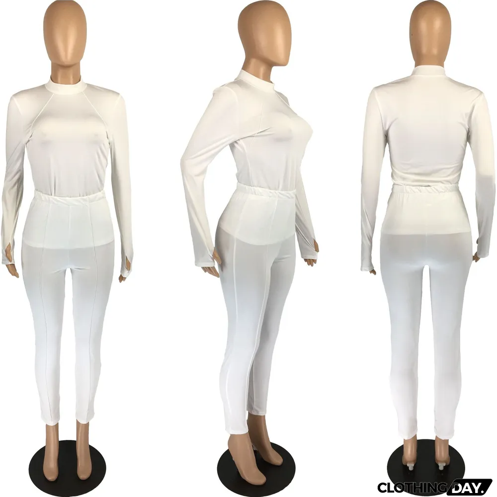 Solid Long Sleeve Thumb Hole Two Piece Pants Set