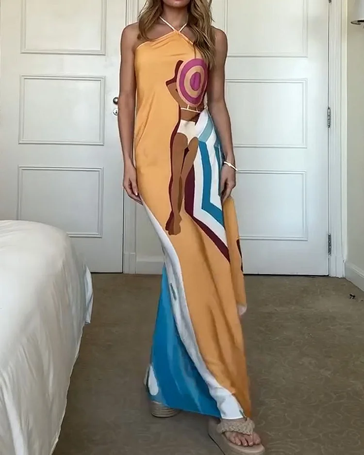 Women's printed backless holiday dress