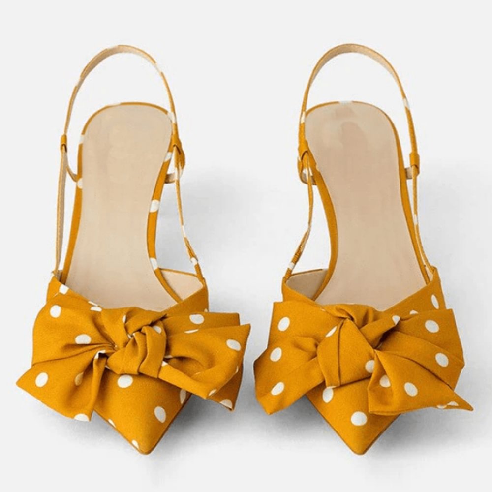 Yellow Polka Dot Cloth Bow Pumps Slingback Low Decorative Heels Nicepairs
