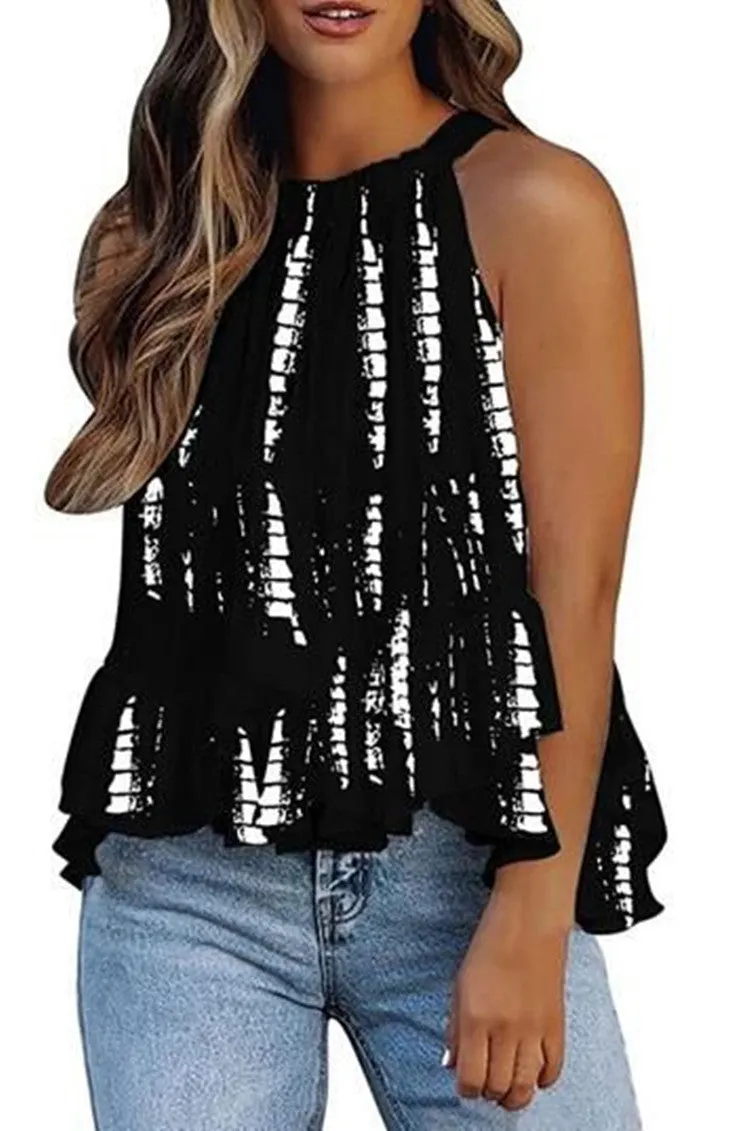 Brownm Print Round Neck Halter Sexy Sleeveless Blouses